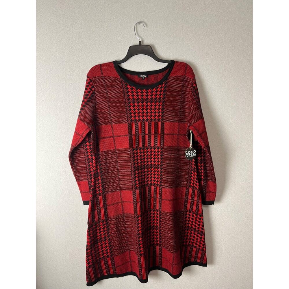Cocobleu, Red Plaid Knit Long Sleeve Dress, Plus 2X, NWT